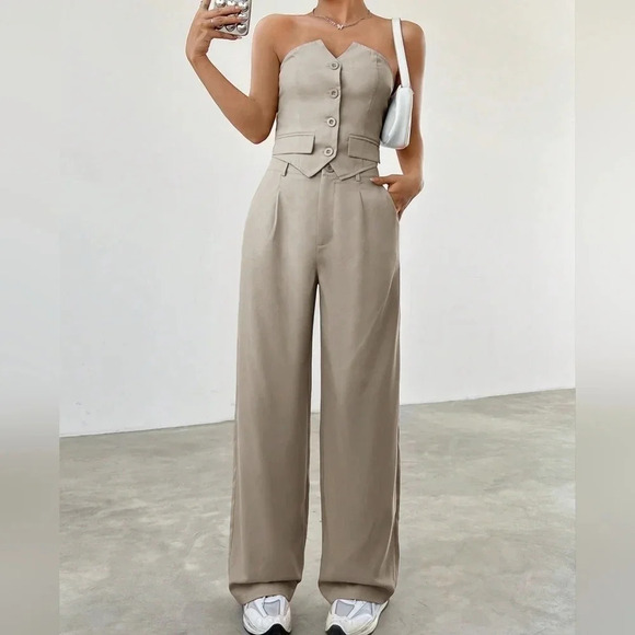 Tops - Solid Color Strapless Top And Pants Set With Single Breasted Closure
